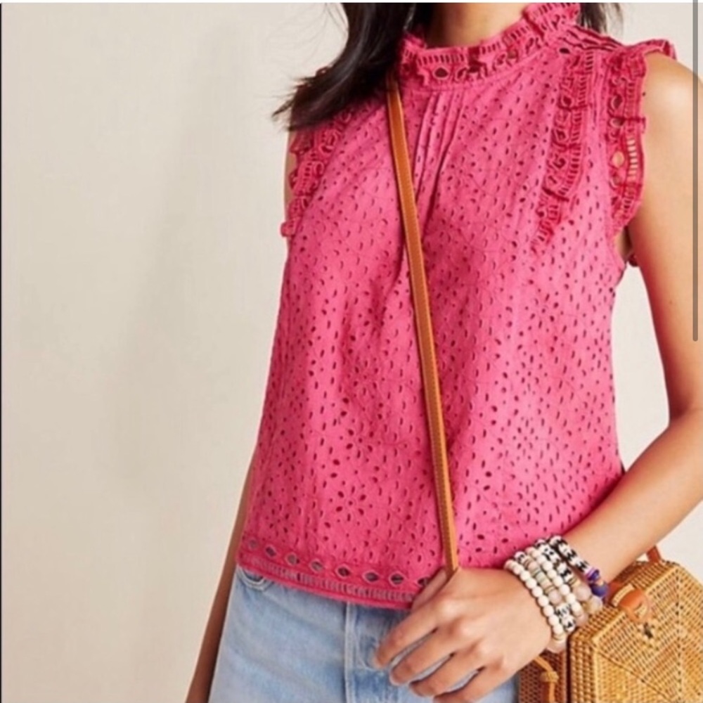 Anthropologie Maeve Tilly Eyelet Magenta Pink Crochet Ruffle Sleeveless Top